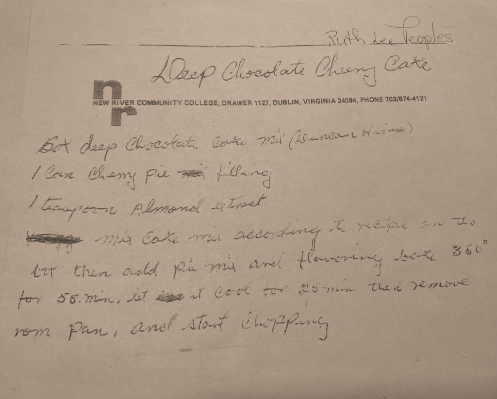 Piece of paper with a handwritten recipe for a deep chocolate cherry cake