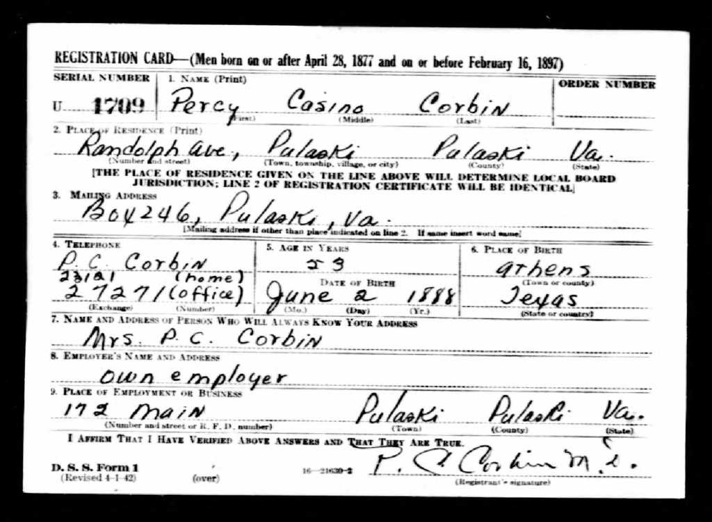 World War II Draft Registration Card for Percy Casino Corbin Pulaski resident age 53