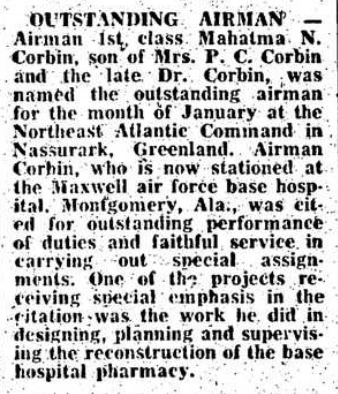 Black text from a newspaper article against a white background listing the many accomplishments and projects of an outstanding 1953 Army Airman 
