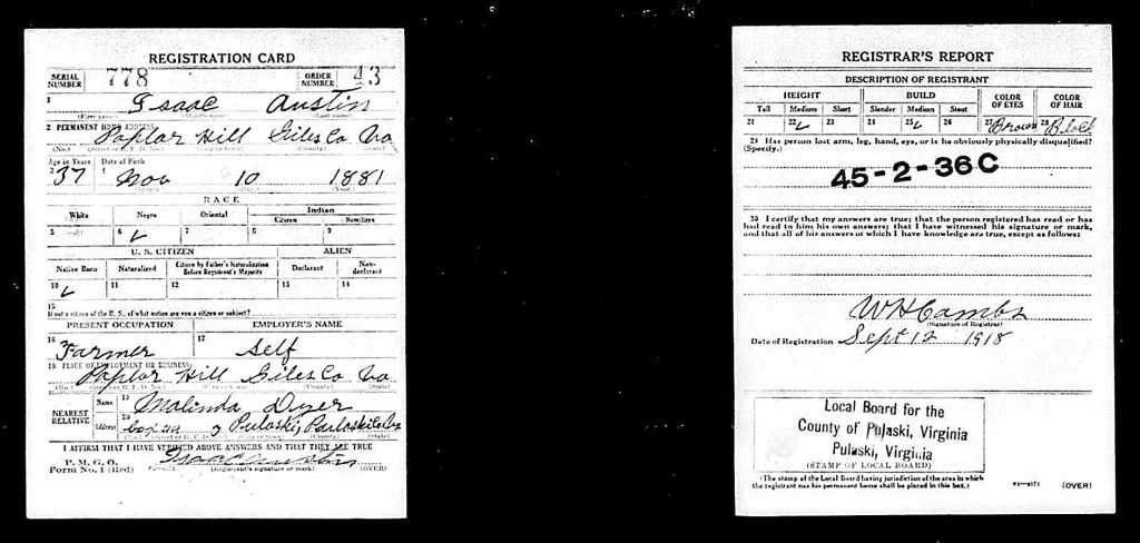 Historical document of Isaac Austin's registration card 