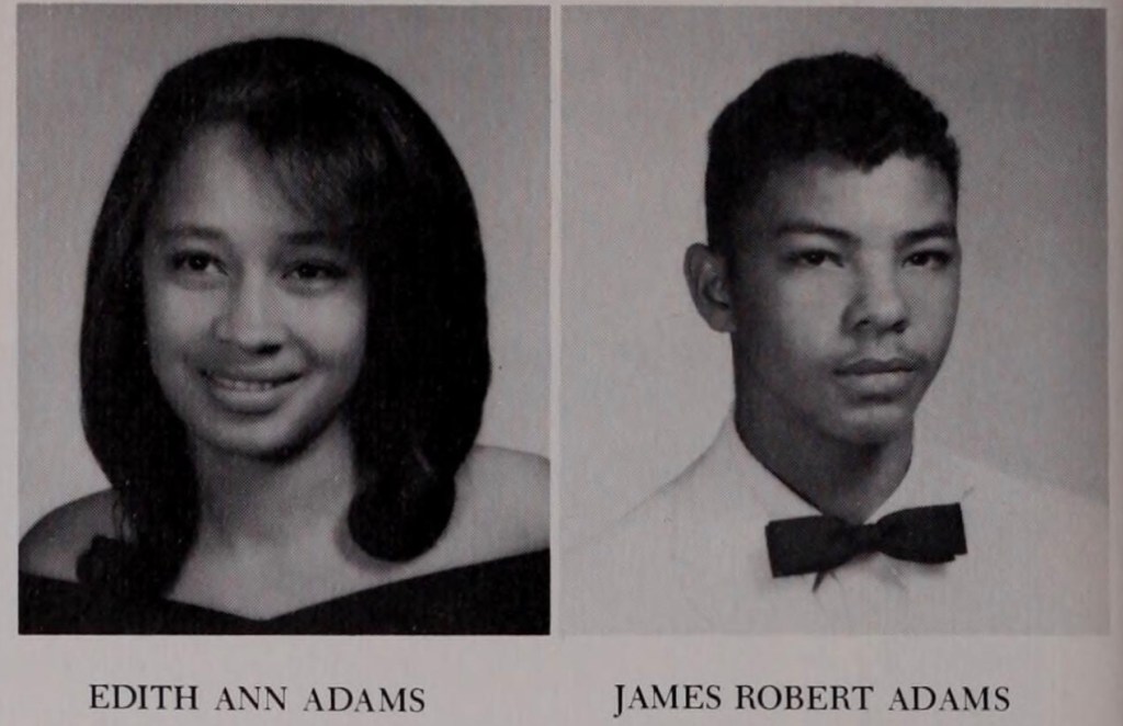 Black and white senior year yearbook photo of two individuals Edith and James Adams. The young lady's portrait to the left, she is seated smiling with her teeth gazing to the left. The young man's portrait is to the right where he is dressed in a white suit jacket and black bowtie.