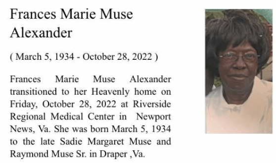 Francis Marie Muse Alexander Obituary (March 5, 1934-October 28, 2022) with photo of her looking into camera with short bob and glasses