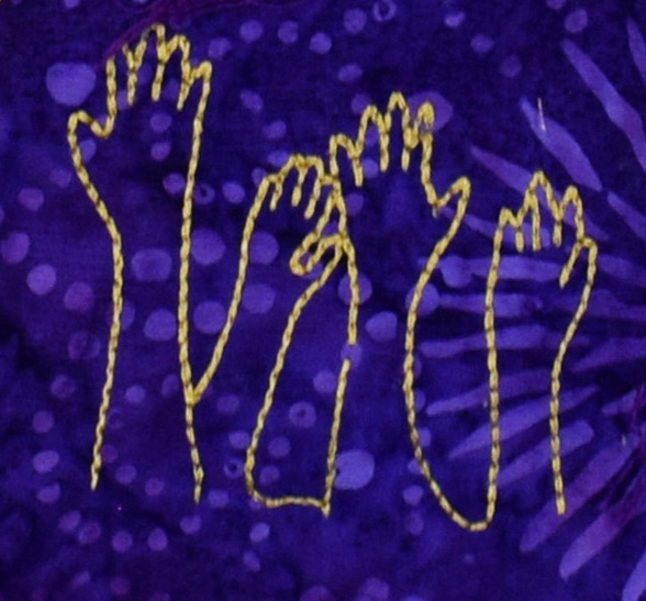 stitched line drawing of four hands raised