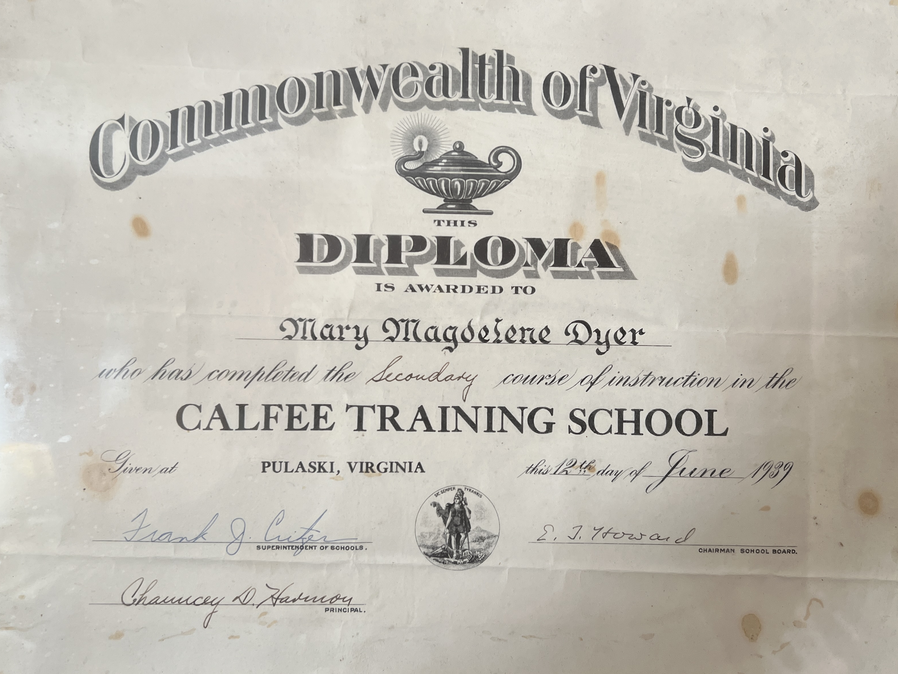 Commonwealth of Virginia Diploma for the completion of secondary instruction of Mary Magdelene Dyer from June of 1939. 