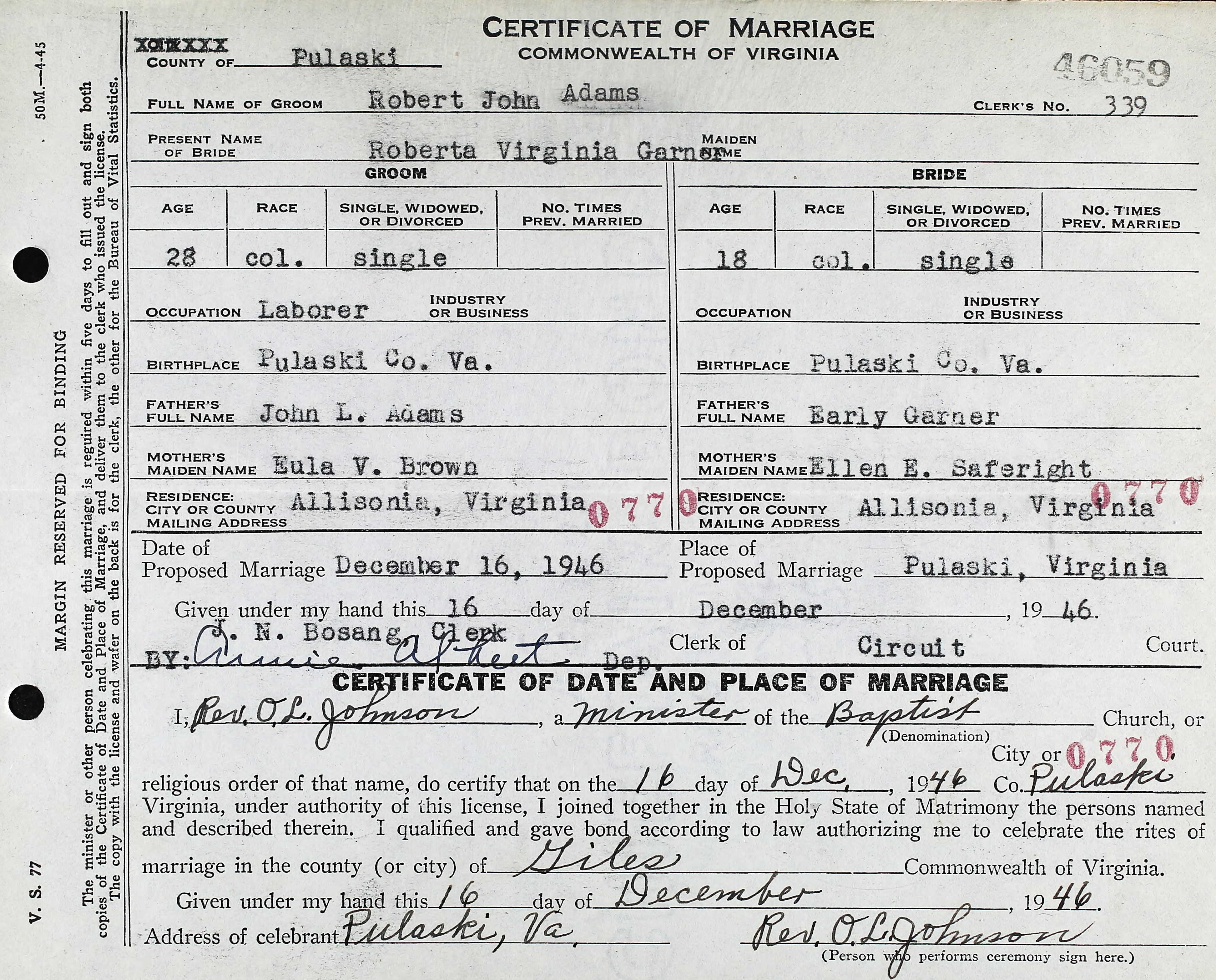 Original Virginia Certificate of Marriage for Robert John Adams and Roberta Virginia Garner issued in 1946.