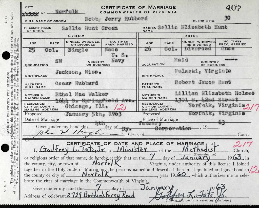 Sallie Hunt's marriage certificate to Bobby Hubbard in Norfolk County, VA