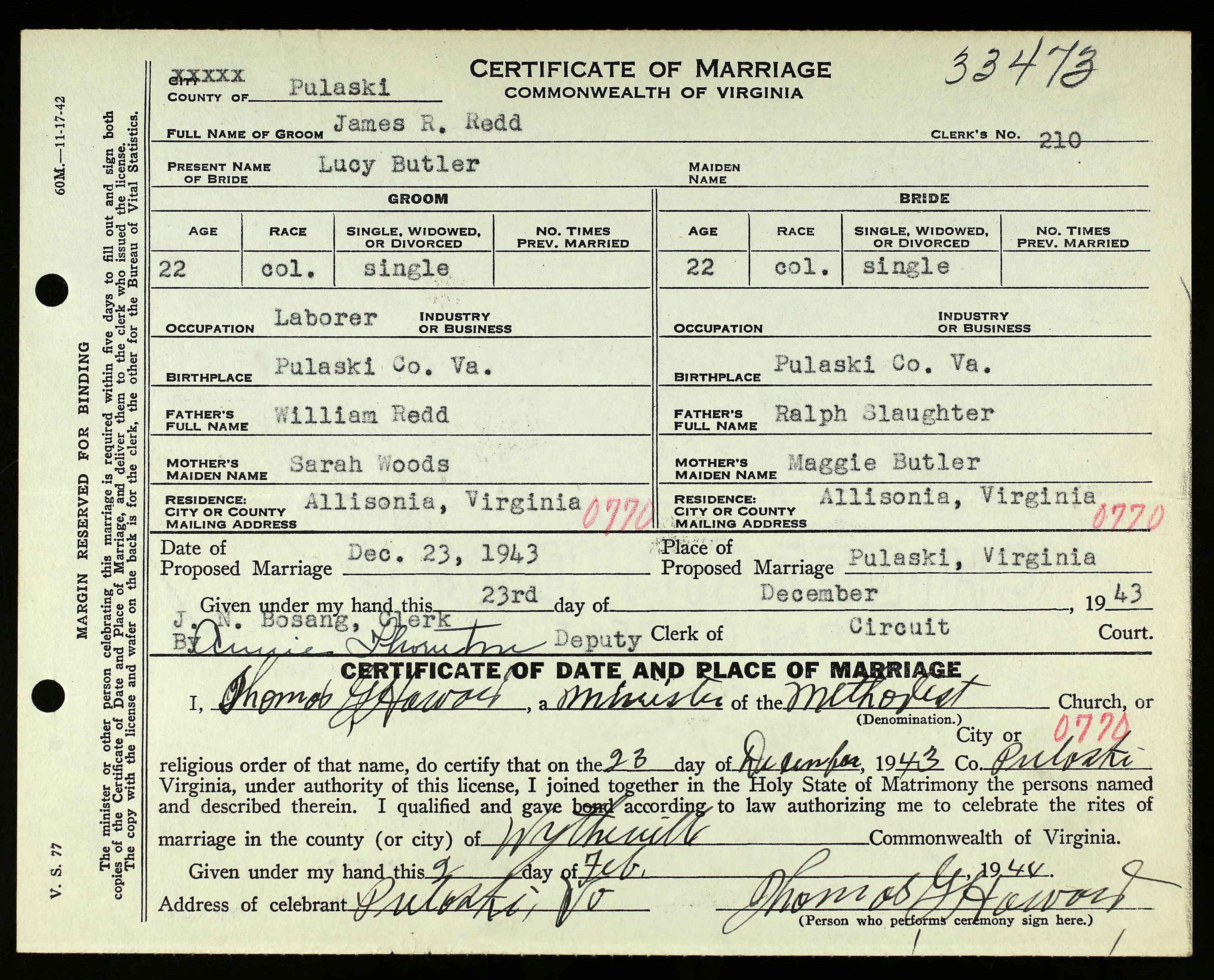 Original 1943 marriage certificate from Virginia for James and Lucy Redd. 