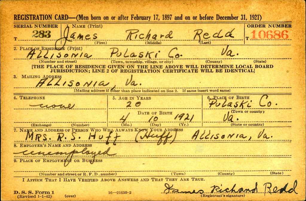 Original World War II Draft Registration Card for James Richard Redd of Pulaski. 