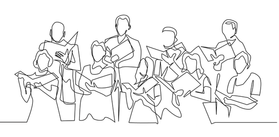 Line drawing of a mixed-gender choir standing and holding song folders, mid-performance.