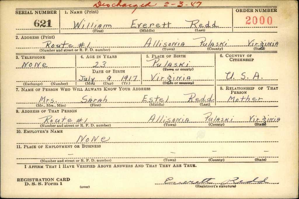 Originial World War II Draft Registration Card for 23 year old William Everett Redd from Allisonia Pulaski. 
