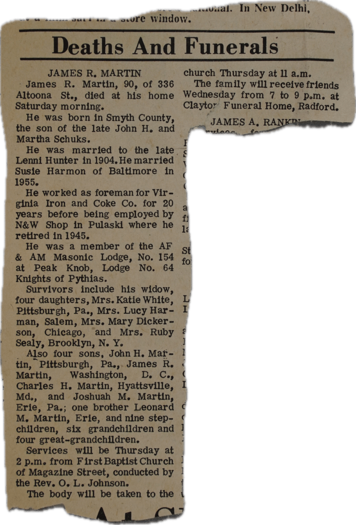 Newspaper clipping detailing an obituary
