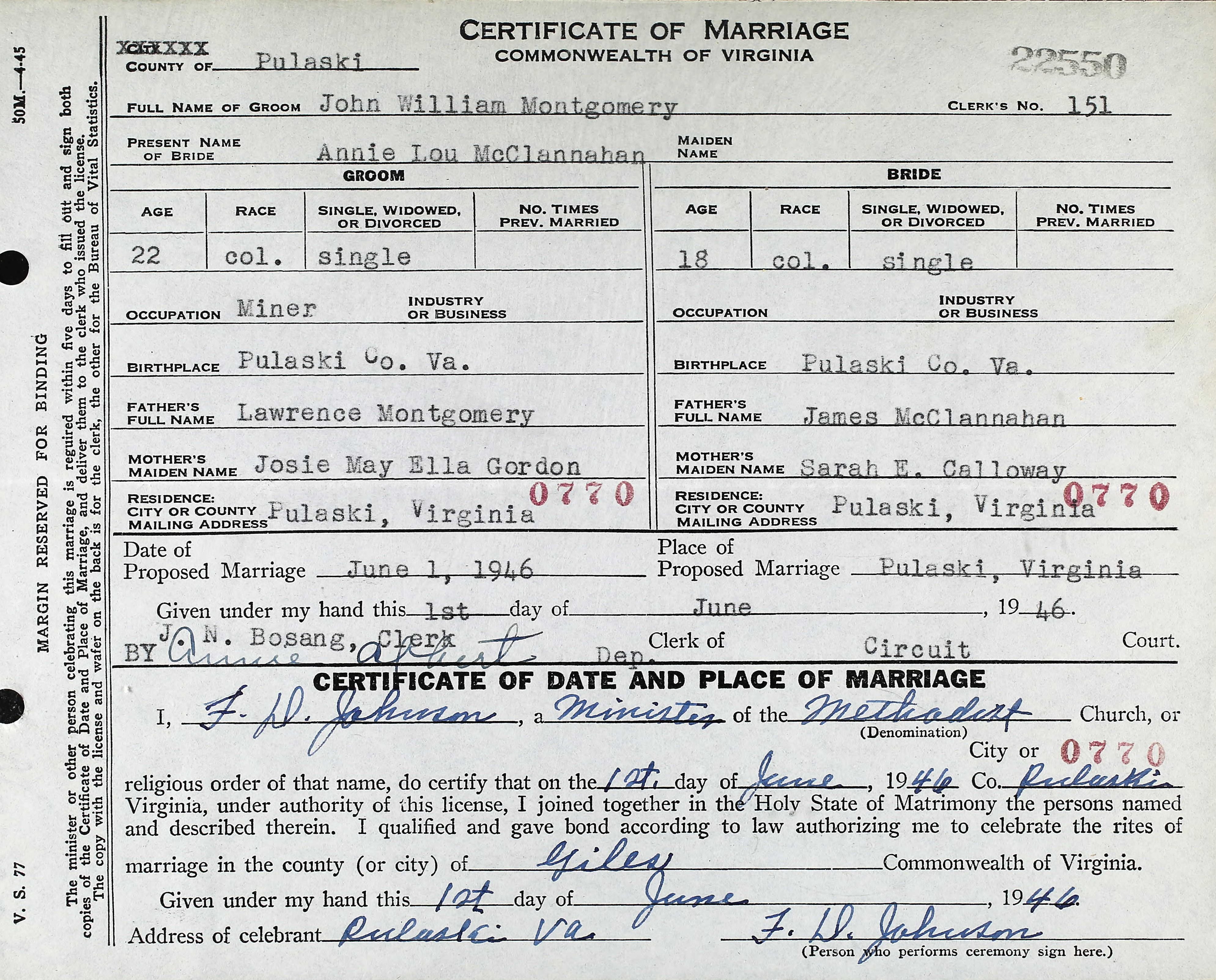 Original 1946 Virginia marriage certificate for John Montgomery and Annie McClennahan.