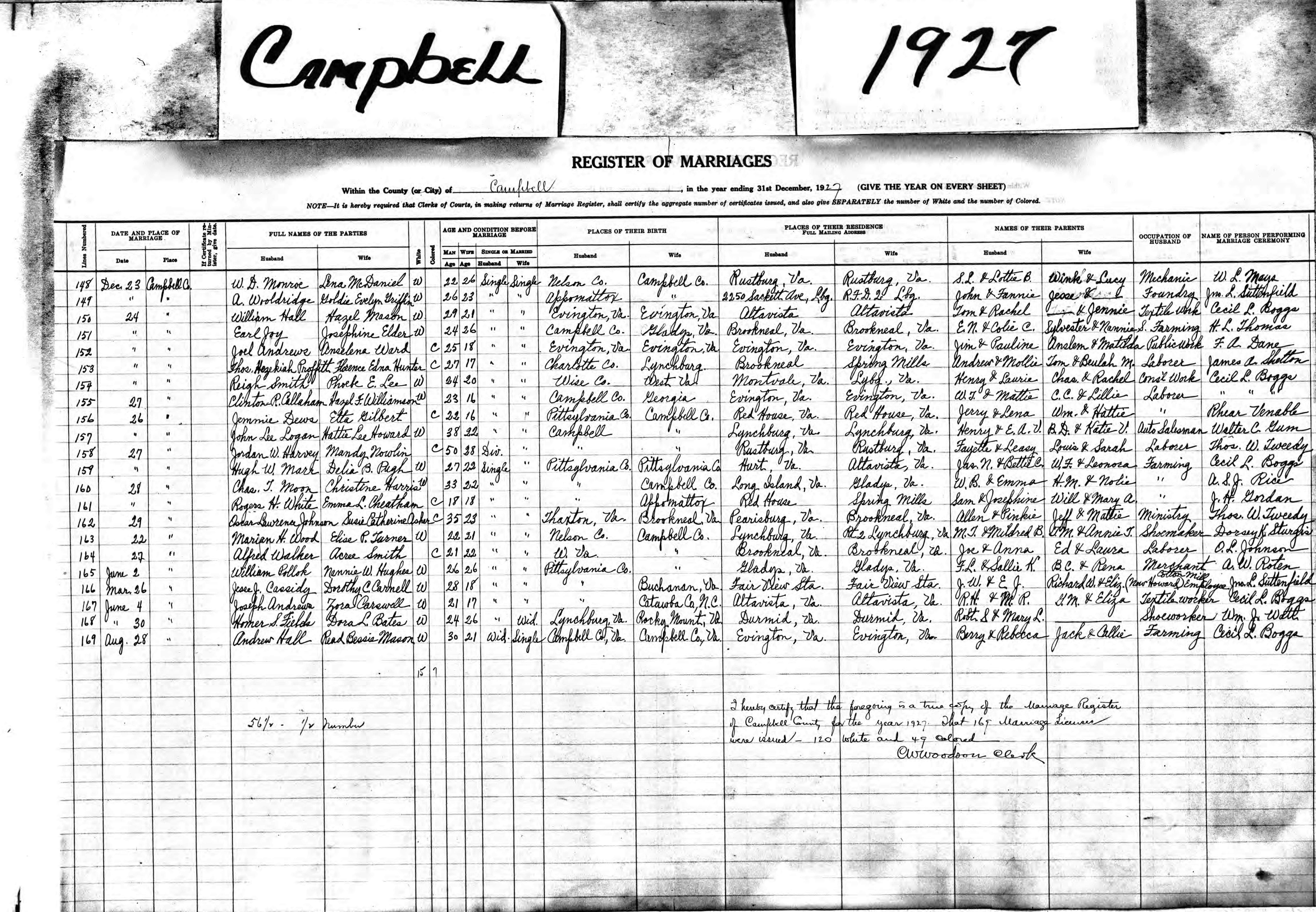 Original 1927 marriage register from Campbell, Virginia. Long list of names, and residences. Features the marriage of Oscar Lawrence Johnson and Susie Catherine Johnson.