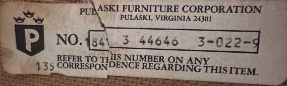 Pulaski Furniture tag with logo, number, and company name