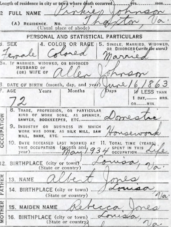 Snippet of a death certificate for Pinkie Johnson from 1934 in Thaxton, Virginia. The cut out highlights Pinkie's birth date and her parents' birthplaces.