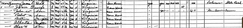 Snippet of 1940 Census that lists the members of then Montgomery family  listing James L Montgomery as the head, Josie as the wife, and five children. 