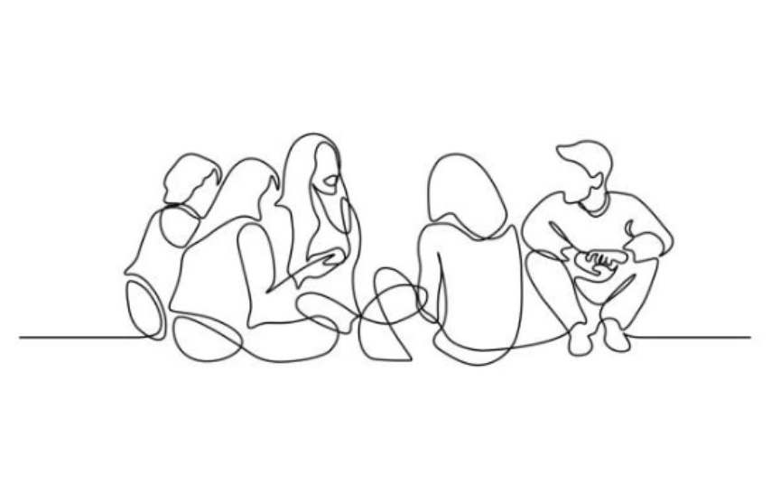 line drawing of people sitting on floor chatting