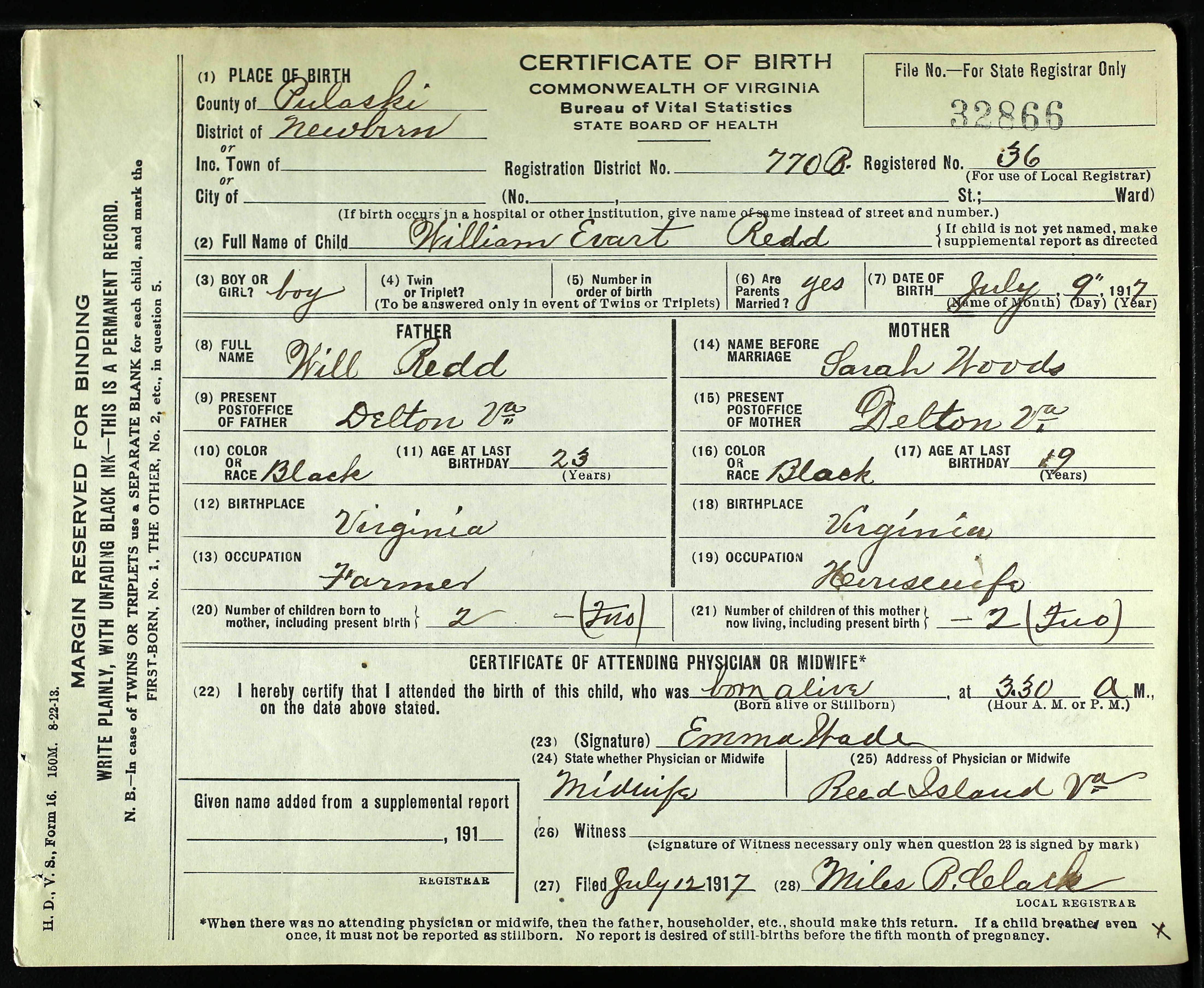 Original 1917 Virginia birth certificate for William Evert Redd of Delton Virginia. Born at 3:30 AM on July 9, 1917.