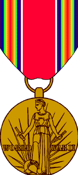 Illustration of WWII Victory Medal with rainbow ribbon and gold medallion showing a woman holding two swords, foot on helmet.