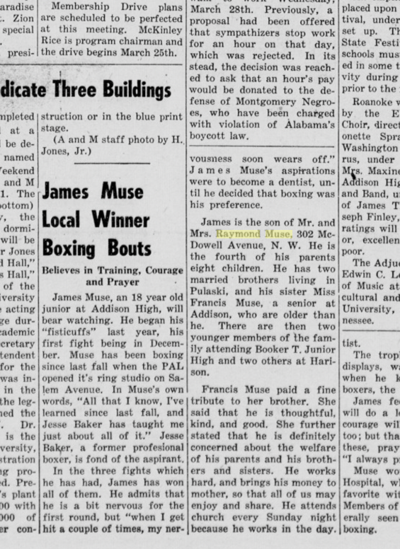 Roanoke Tribune newpaper with James Muse boxing story