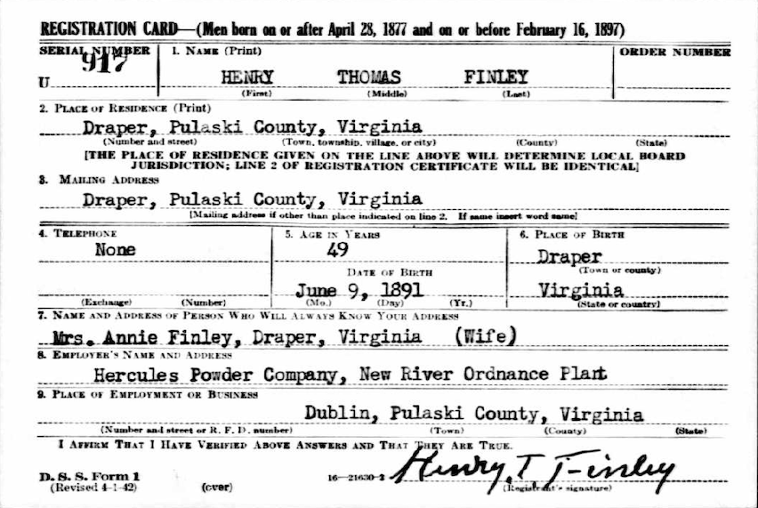 Original WWII draft registration card for Henry Thomas Finley of Draper Virginia born in 1891.